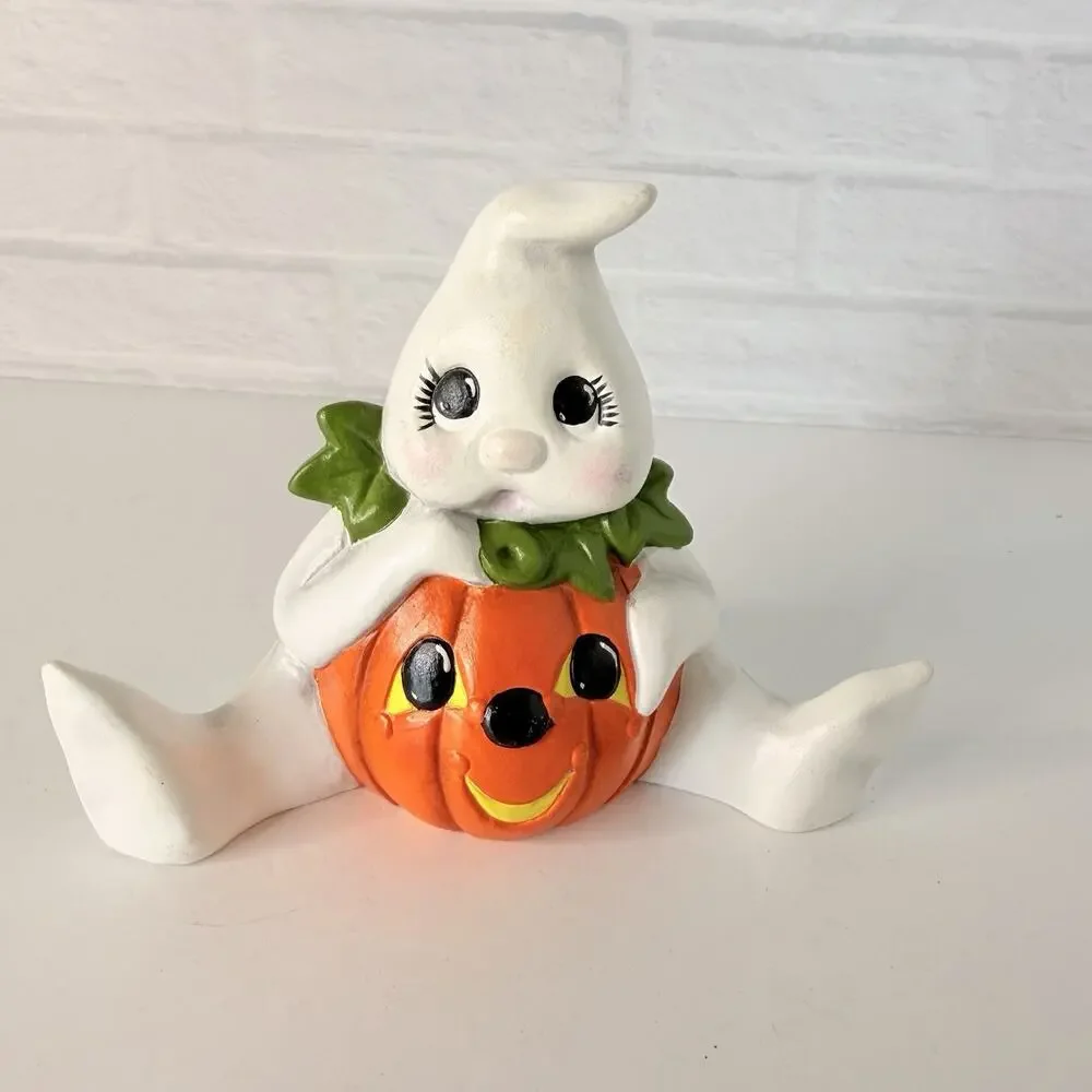 Vtg Ceramic Halloween Ghost Pumpkin Belly Figurine Anthropomorphic Set of 2